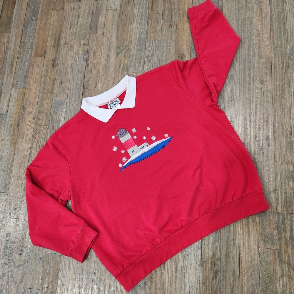 VTG Anthony Richards Winter Nautical LightHouse Embroidered Collared Pullover 1X